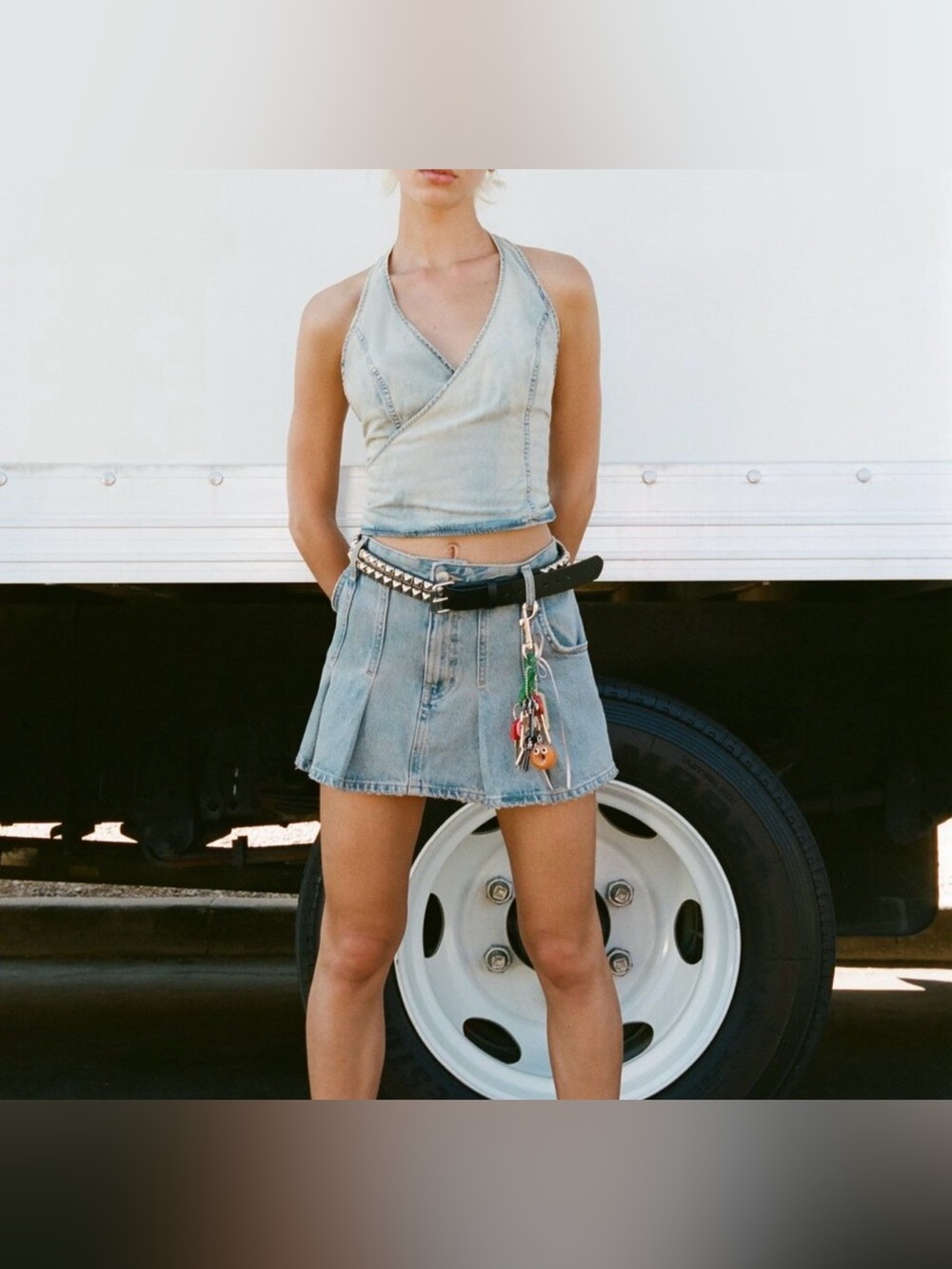 Denim ZARA Halter Wrap Crop Top - Light Blue